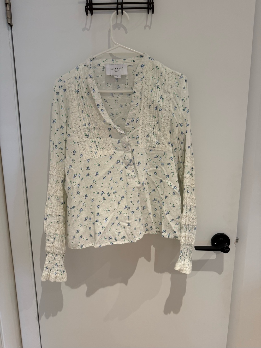 The Shirt by Rochelle Behrens White Blouse with Blue and Green Floral Print